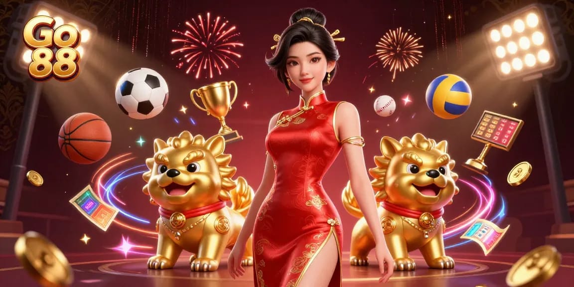 Engage with Go 88 casino excitement featuring a glamorous Asian woman surrounded by sports and vibrant elements.