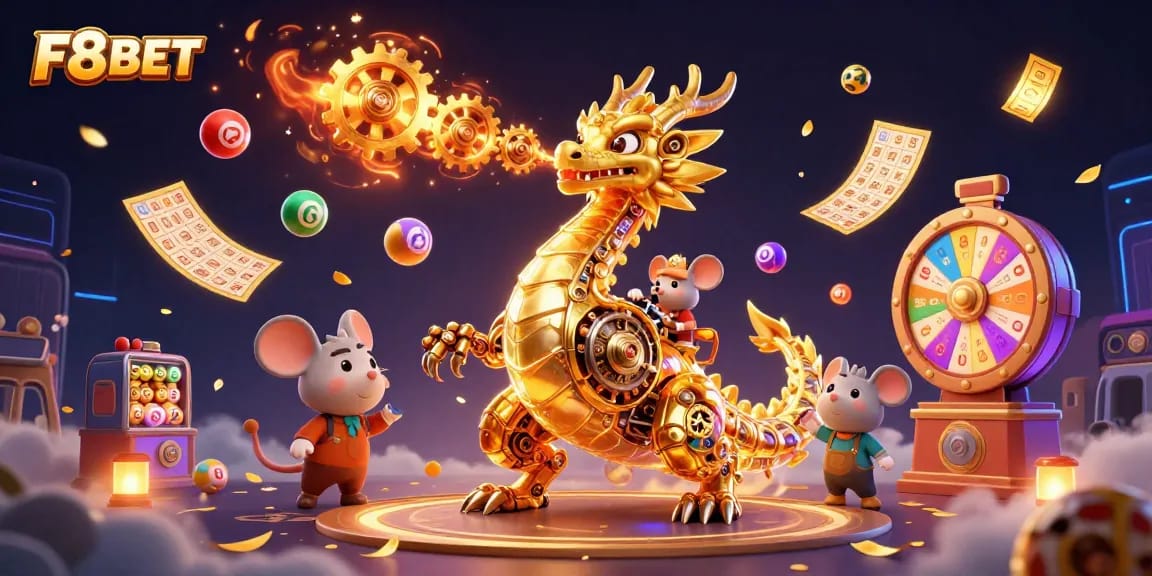 F8BET players explore dazzling lottery and gaming excitement amidst a golden dragon and dynamic prizes.