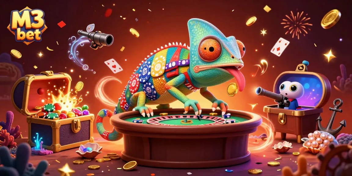 Engage in M3 bet excitement with a vibrant chameleon casino owner and dynamic gaming elements.