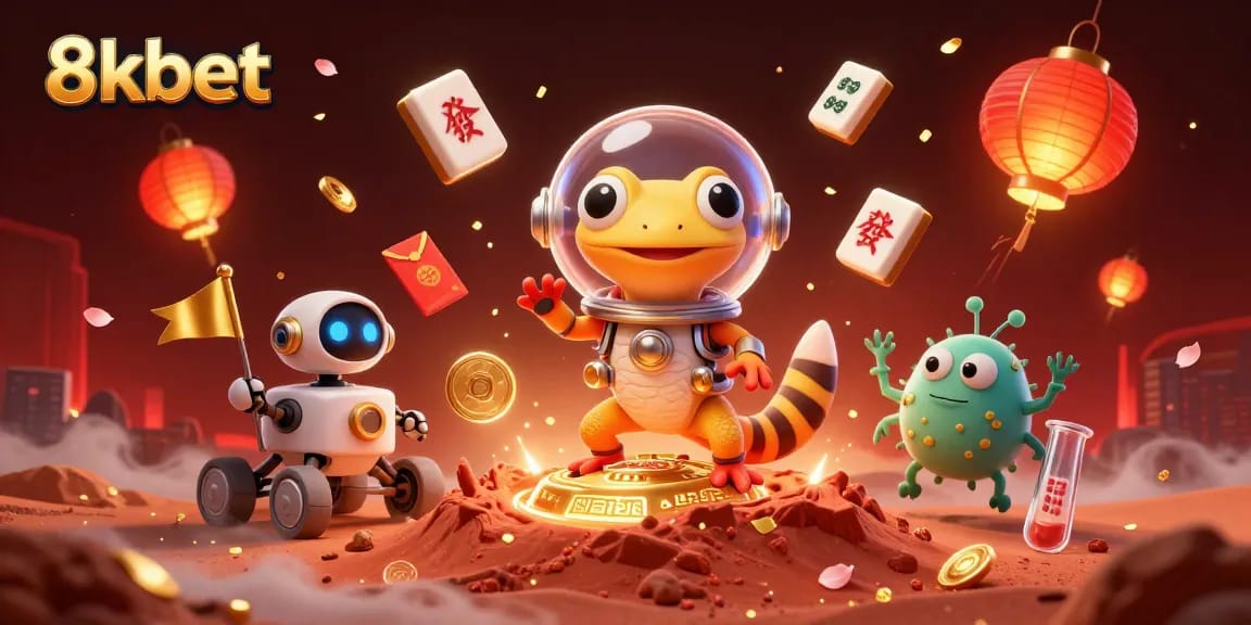 Engage with thrilling 8kbet casino adventures amidst a Martian landscape, revealing treasure.