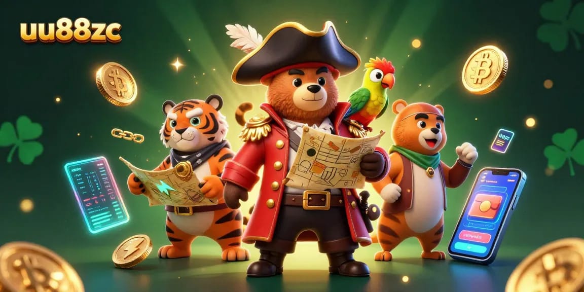 Engage with the dynamic gaming experience at uu88zc featuring a pirate bear and tiger amidst glowing cryptocurrency elements.