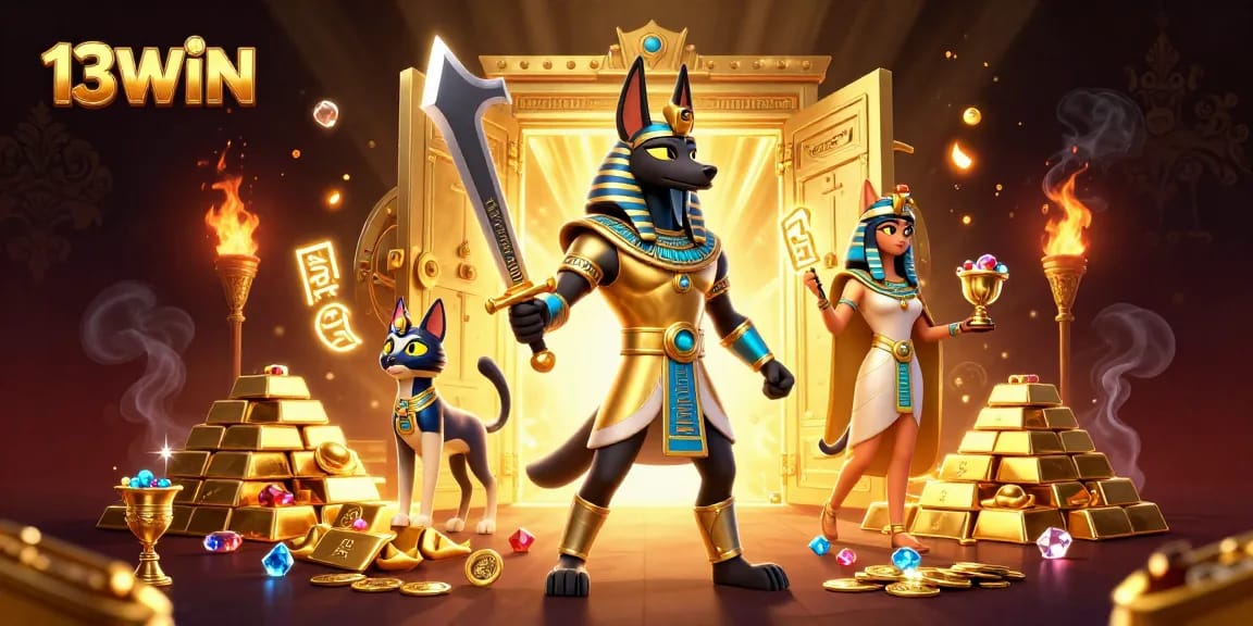 Experience epic wins with 13WIN amidst golden treasure and ancient Egypitan characters.
