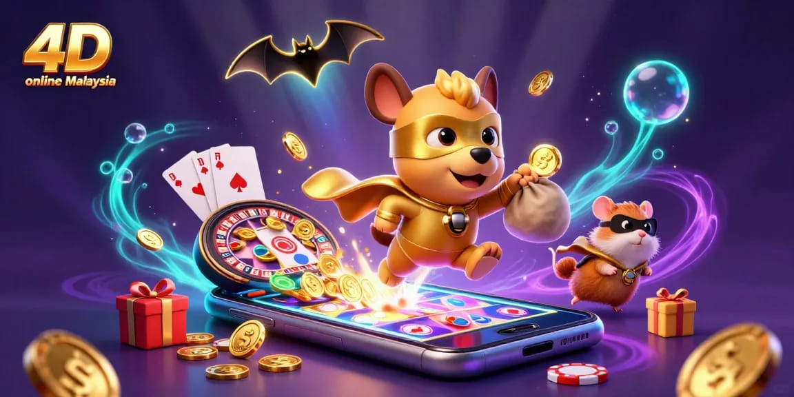Experience exciting 4D online Malaysia action with a superhero dog and treasure in this vibrant illustration.