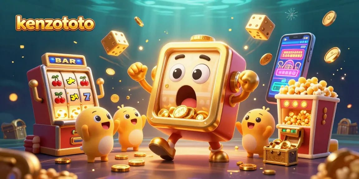 Kenzototo slot machine celebrates a jackpot with cheering companions and golden coins flying.