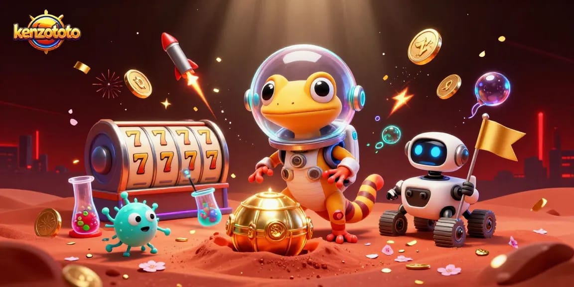 Kenzototo casino gaming adventure with Martian gecko and celebratory aliens amid slot reels and festive elements.