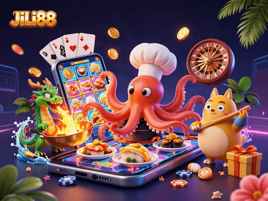 Engage with exciting slot games at JILI88 through a vibrant 3D casino scene.
