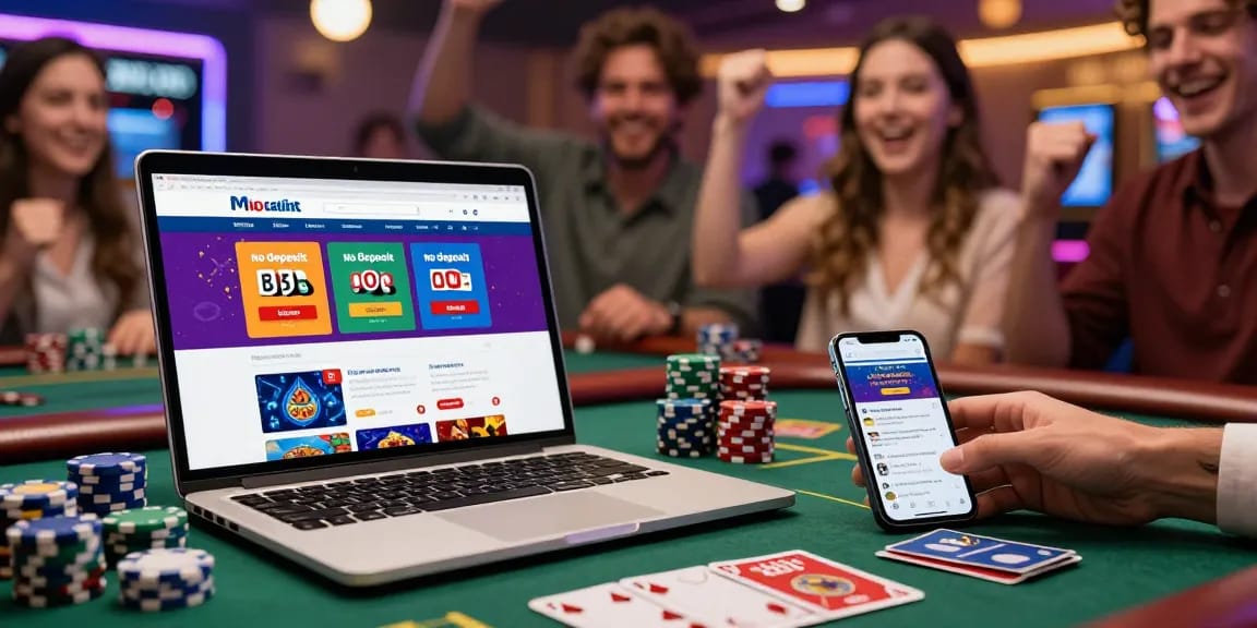 Exciting scene showcasing players celebrating wins with Free No Deposit Bonus offers at an online casino.