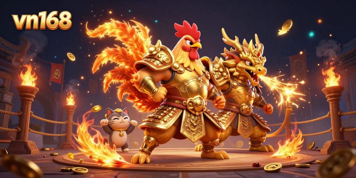 Experience the thrilling vn168 gaming universe with a warrior rooster, dragon, and lucky cat in a vibrant casino scene.