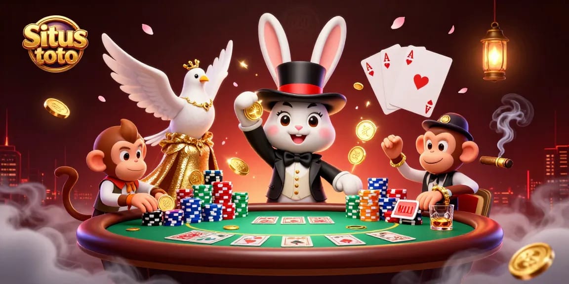 Engage with Situs toto in a vibrant casino scene featuring a magical rabbit and poker elements.