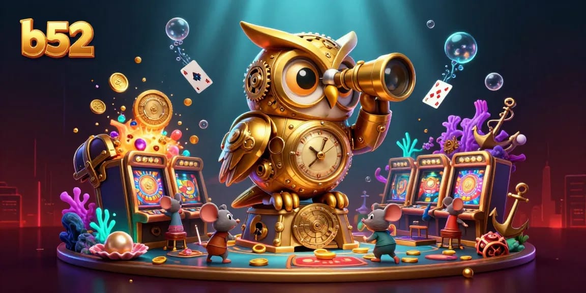 Spin the reels at b52 with a magical scene of a golden owl overseeing a vibrant casino!