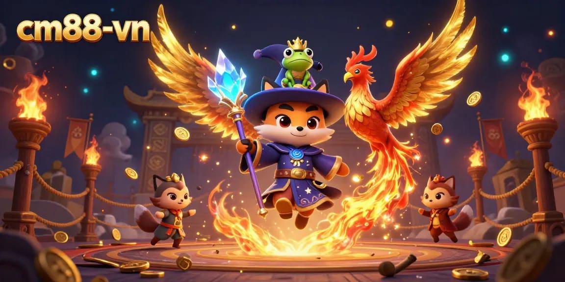 Experience thrilling gameplay at cm88-vn with a mystical fox wizard and fiery phoenix in a dynamic casino scene.