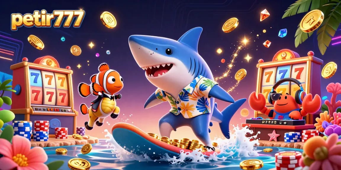 Surf on golden coins with petir777, lucky 7s, and dazzling casino elements in a vibrant underwater scene.