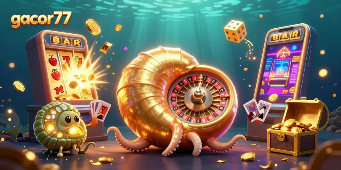 Gacor77 menampilkan permainan slot dengan jackpot yang muncul dari mesin, dikelilingi nautilus raksasa dan elemen kasino lainnya.
