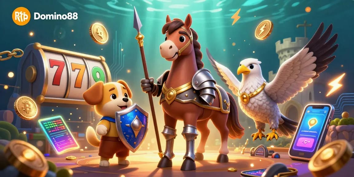 Engage with Rtp Domino88 through an exciting 3D illustration showcasing animated characters in a vibrant casino scene.