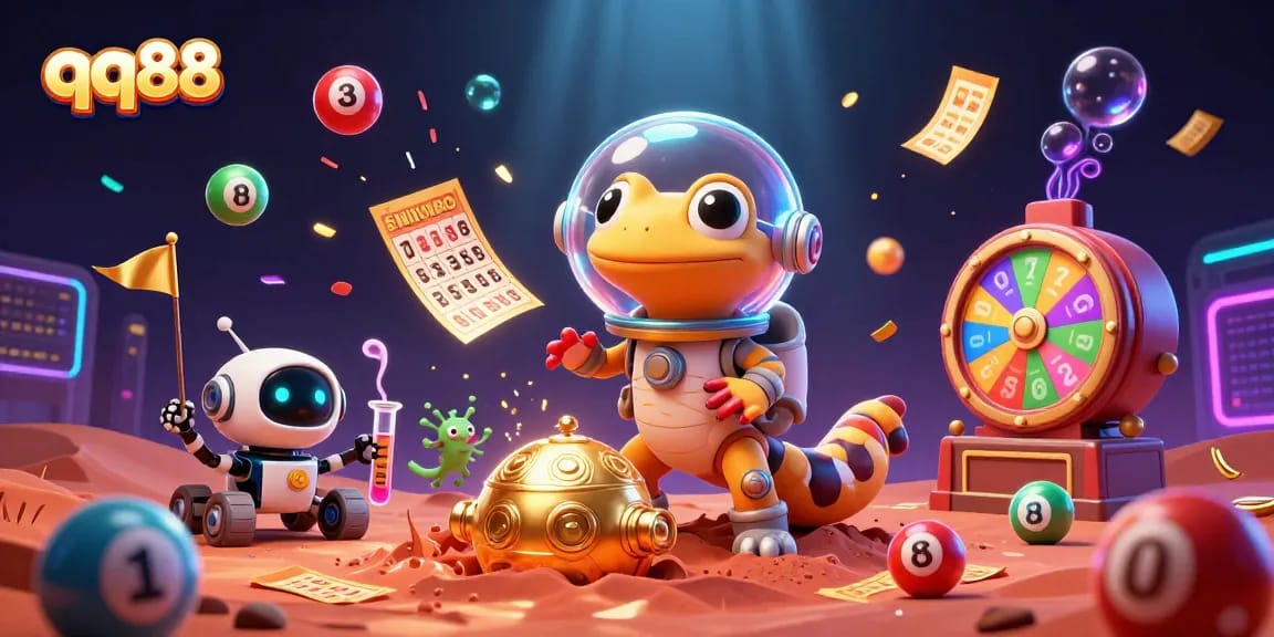 Experience the thrill of qq88 as a Martian gecko discovers a hidden golden casino in a dynamic, colorful scene.