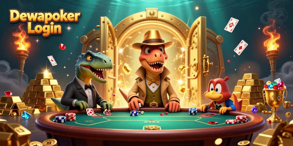 Join the action at Dewapoker Login with a vibrant poker scene featuring colorful characters and dynamic game elements.