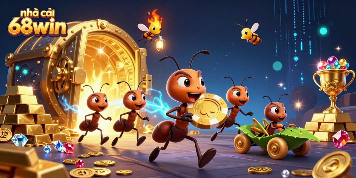 Experience thrills at nhà cái 68win with 3D ants heisting a giant poker chip amidst treasures