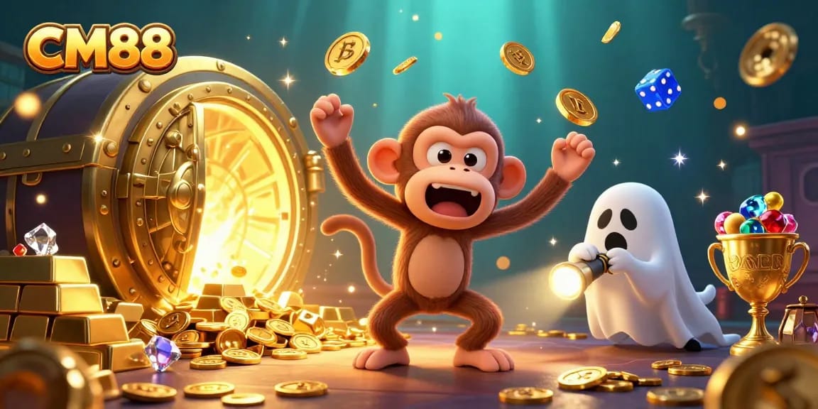 Engage with exciting casino adventures at CM88, featuring a playful poltergeist monkey juggling treasures in a haunted casino.