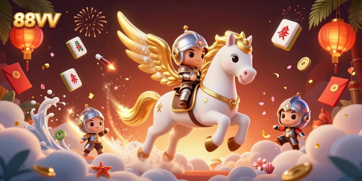 Experience excitement with 88VV games as a winged horse gallops through vibrant casino elements.