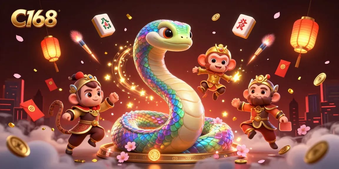 C168 celebrates winning moments in a vibrant 3D casino scene with a rainbow serpent and monkey king.