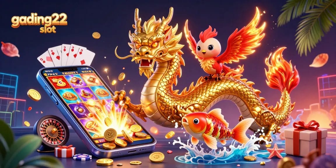 Experience gading22 slot with dynamic 3D illustration of a dragon, phoenix, and koi fish amidst casino elements.