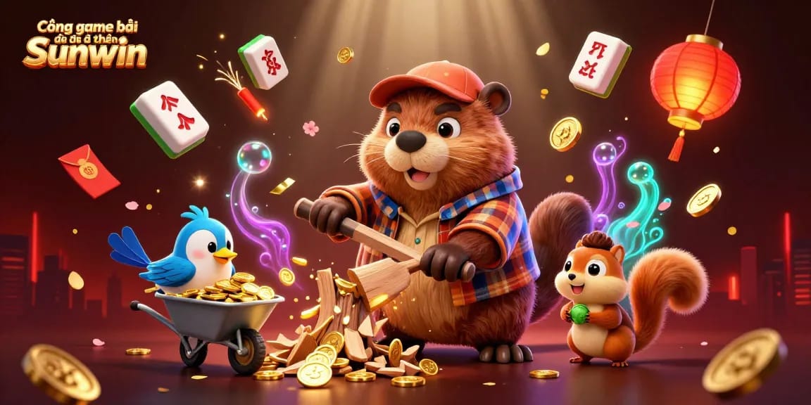 Cổng game bài đổi thưởng Sunwin features a lively scene with a beaver collecting gold coins amidst 3D gaming elements and vibrant decorations.