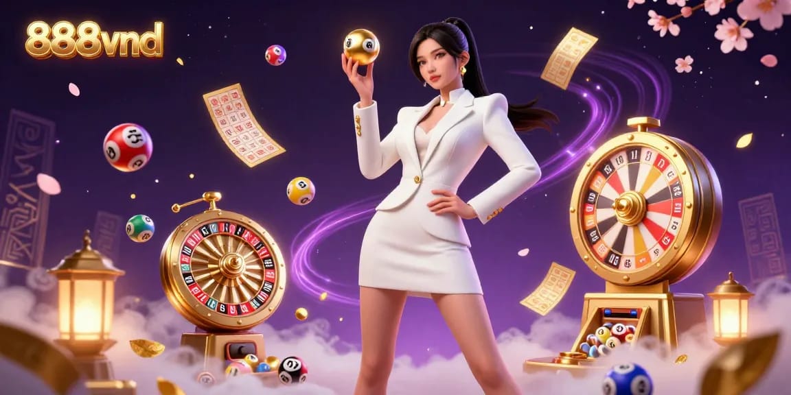 Experience the excitement at 888vnd with a stunning scene of online gambling and vibrant game elements in action.