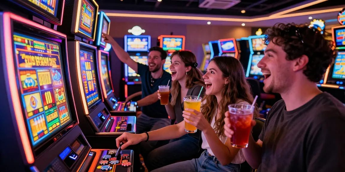 Slot gacor dengan kerumunan pemain bersemangat di kasino.
