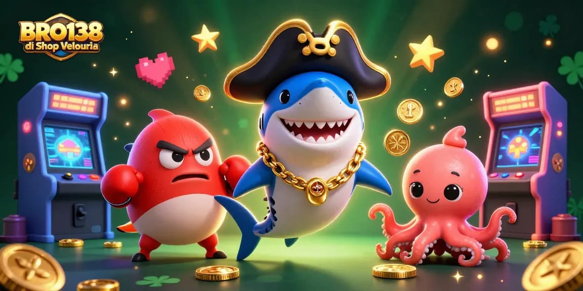 Engage with BRO138 di Shop Velouria through a colorful, animated casino scene featuring playful characters.