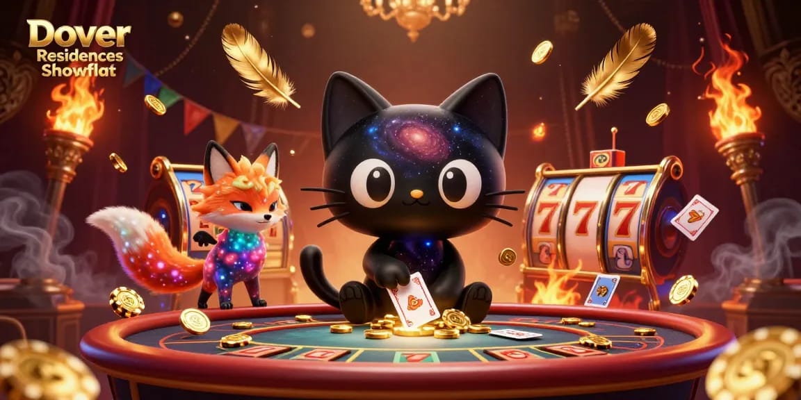 Dover Residences Showflat menampilkan kucing lubang hitam cantik dengan motif galaksi yang menarik chip emas dan kartu di meja kasino.