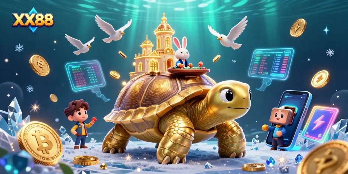 Experience thrilling gameplay at XX88 with golden tortoise casino and a rabbit dealer amidst crypto coins.