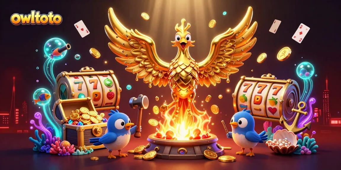Engage in dynamic gaming with owltoto, showcasing a molten phoenix surrounded by dazzling slot elements.