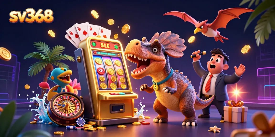 Spin jackpots with sv368 in this vibrant 3D casino scene featuring dynamic characters and gaming excitement.