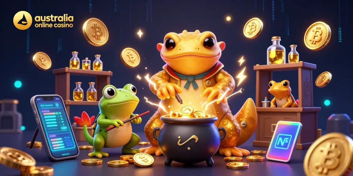 Win big at australia online casino with a golden alchemist crafting fortune in vibrant 3D art.