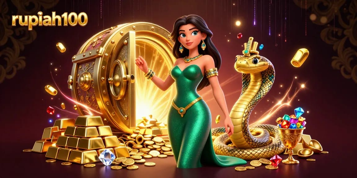 Engage in thrilling gameplay at rupiah100 with a stunning woman, golden cobra, and treasures in a vibrant casino scene.