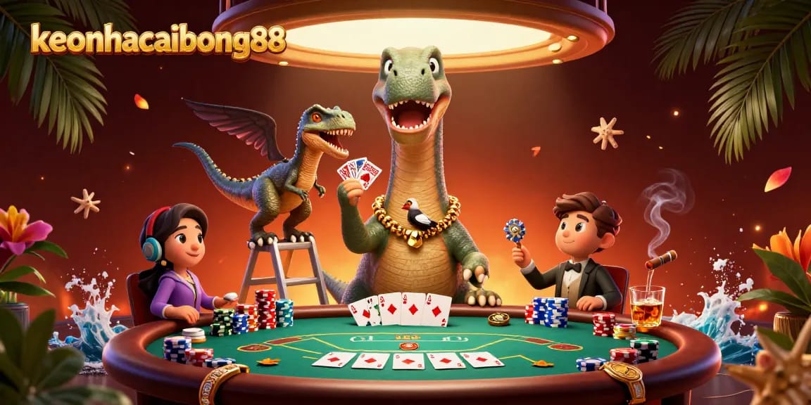Experience keonhacaibong88 at a vibrant casino scene with a towering brontosaurus and a clever raptor dealer.