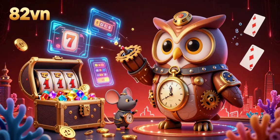 Engage with the exciting world of 82vn casino, featuring time-traveling owl and vibrant game elements.