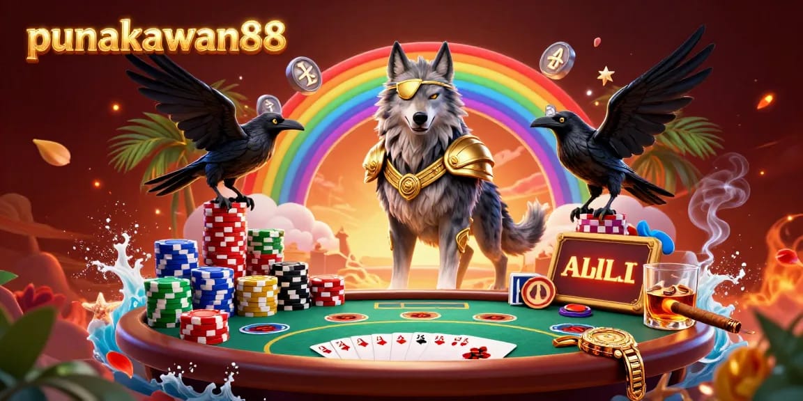 Punakawan88 immerses players in an exciting casino world with a Norse wolf and ravens amid vibrant games.