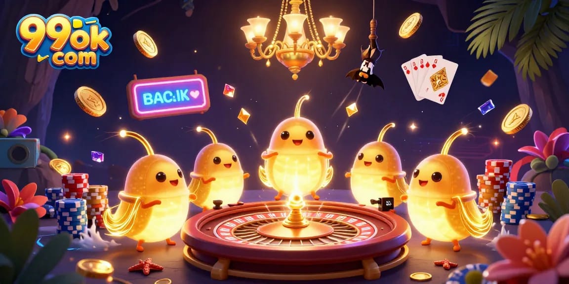 Experience the excitement of 99ok com with luminous glowworms and a bat dealer in a vivid casino scene.