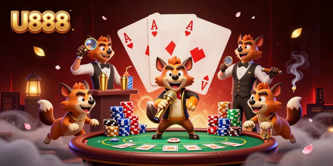 Engage with U888’s lively casino ambiance featuring hyenas as a stand-up comedian and bartender.