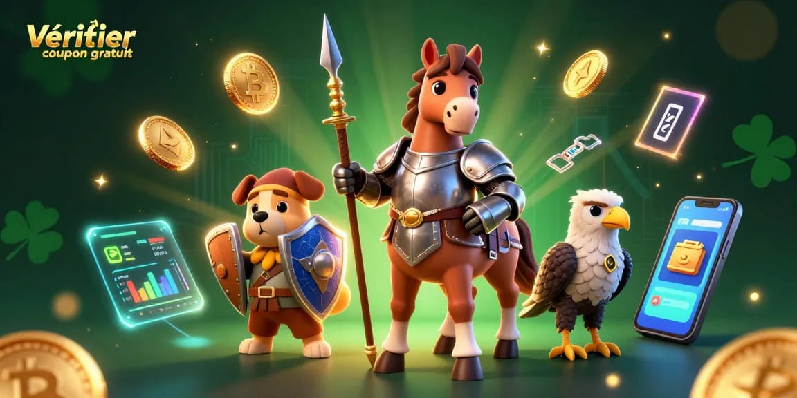 Vérifiez coupon gratuit avec les personnages 3D de chevalier, chiot, et faucon, illustrant le monde des paris.