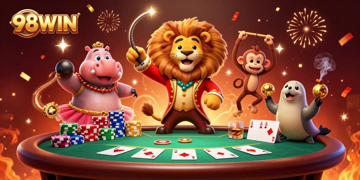 Experience the thrilling casino atmosphere of 98WIN with a lively circus-inspired gaming scene.