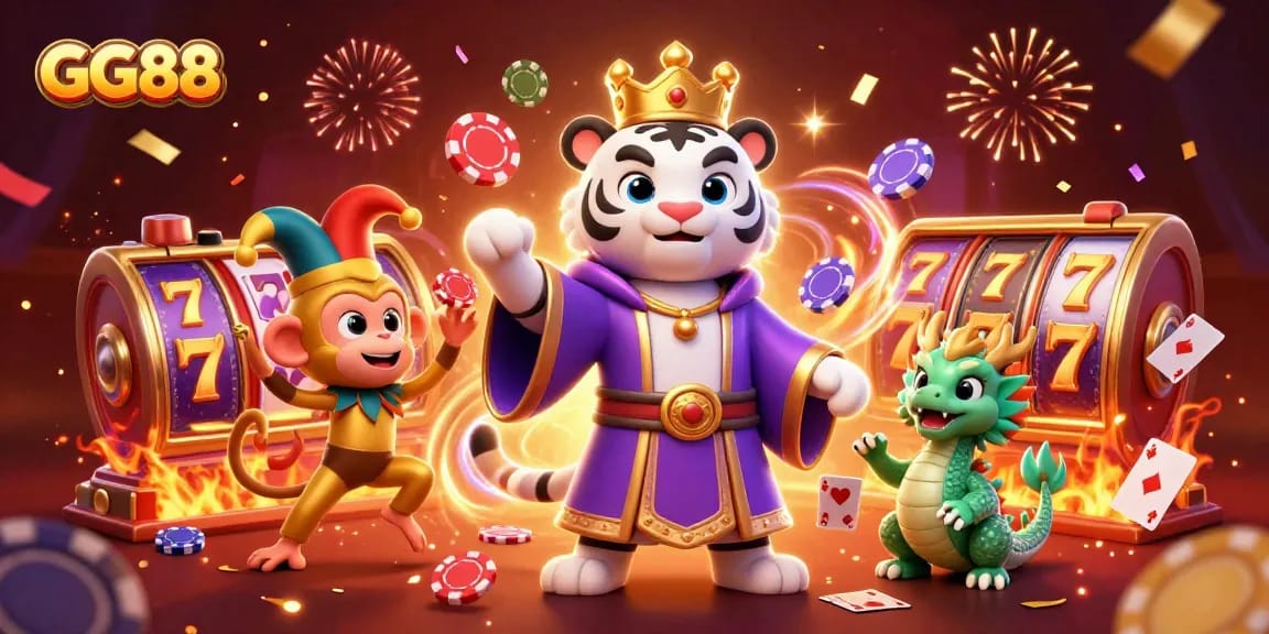 Experience the excitement of GG88 with an illustration featuring a royal tiger, a jester monkey, and casino games.