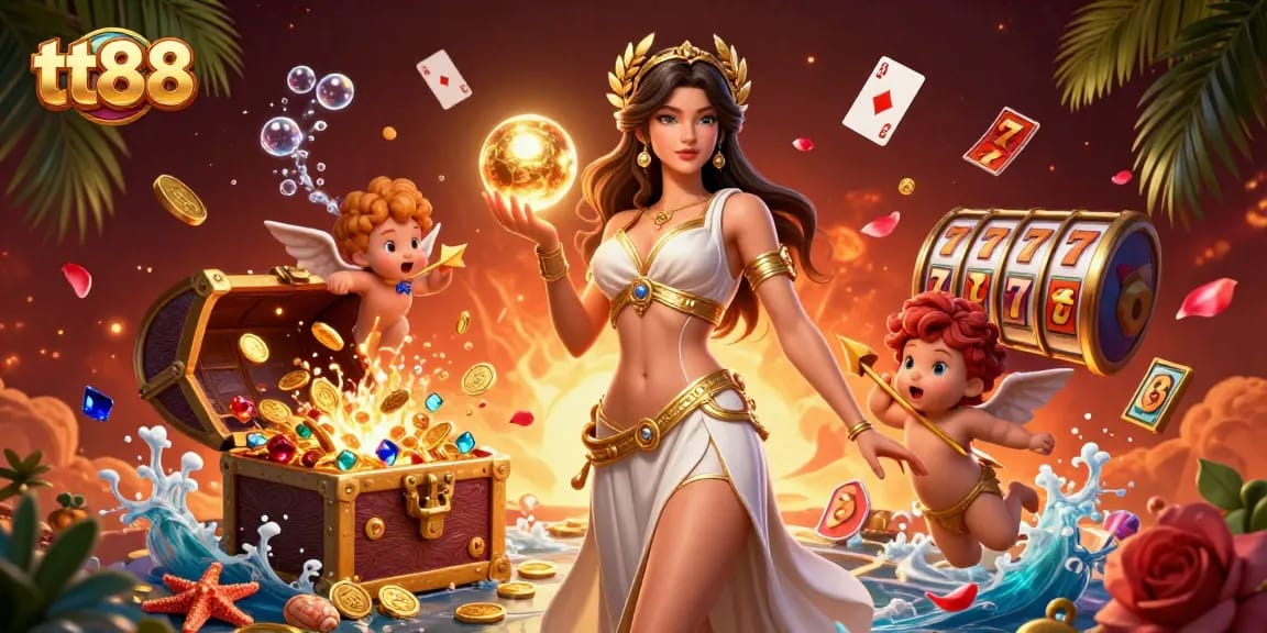 Experience tt88 with stunning 3D illustrations featuring a glamorous goddess and casino elements.