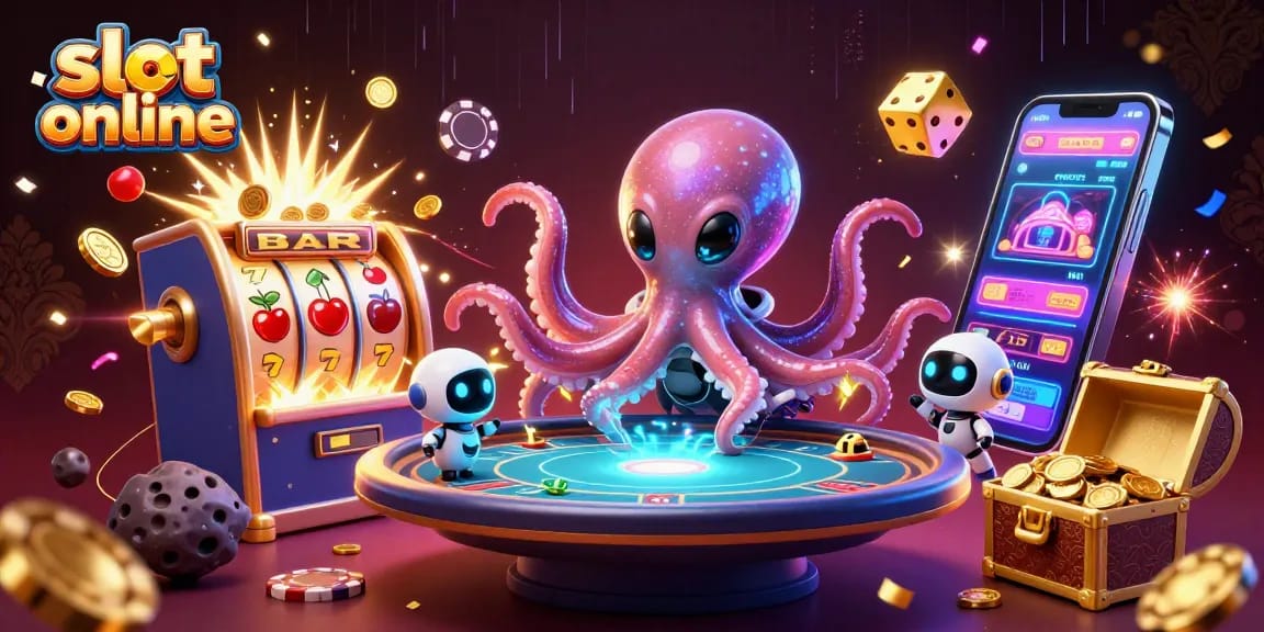 Play thrilling slot online games with a vibrant alien octopus and dynamic casino elements.