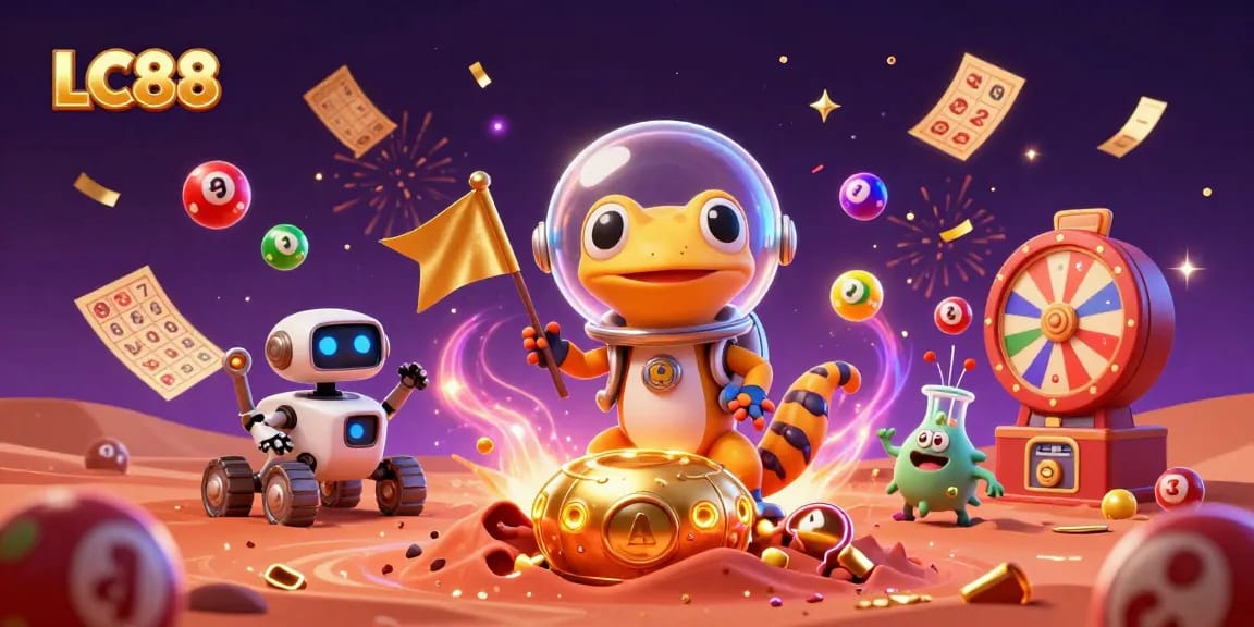 Experience the excitement of gaming at LC88, featuring vibrant lottery elements and lively characters.