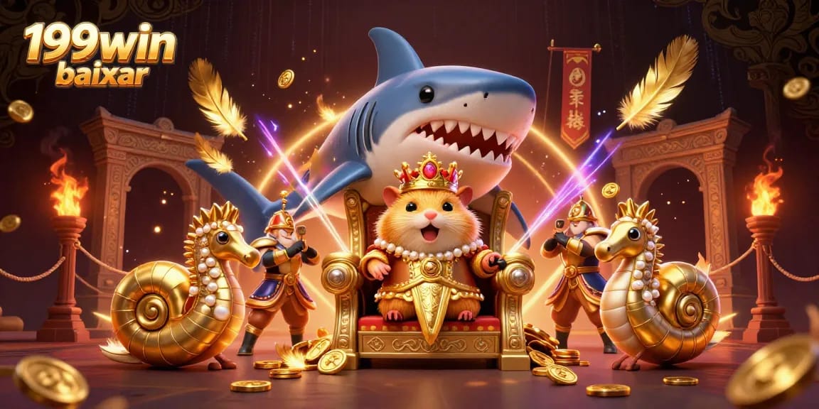 Engage in the thrill of online gaming with 199win baixar, featuring a vibrant illustration of a golden hamster king in a dynamic casino scene.