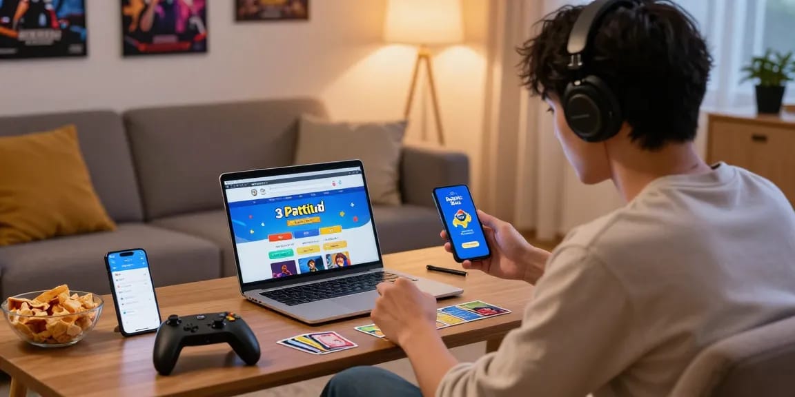 Download for Android: User enjoying 3 Patti Blue game on smartphone in a cozy living room