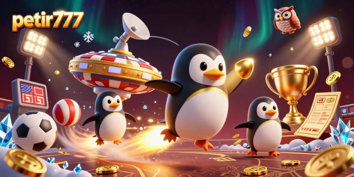 Experience thrilling gameplay at petir777 with a golden penguin navigating a cosmic casino adventure.