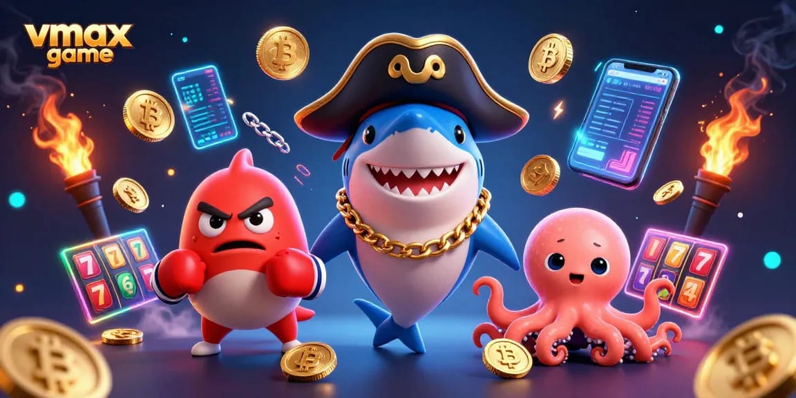 Engage with the vibrant vmax game where a pirate shark, pufferfish, and octopus showcase crypto-themed fun.